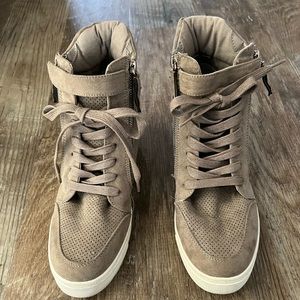 Tan suede wedged booties